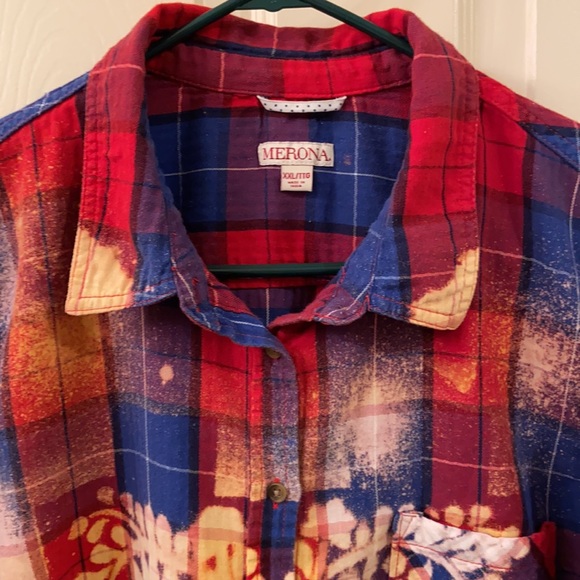Bleach Splatter Merona Plaid Shirt Custom Up cycled Red Blue, WM SZ XXL Awesome - Picture 3 of 15